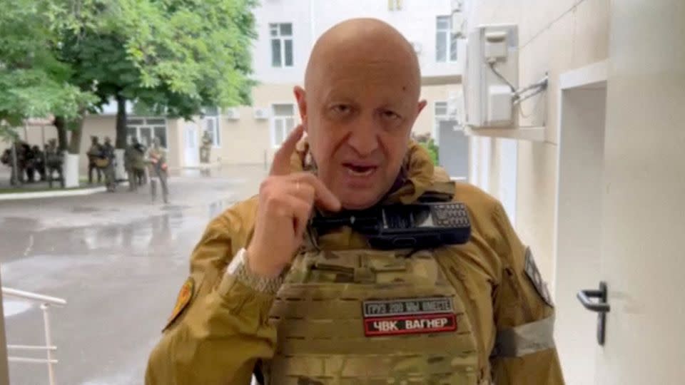 Prigozhin speaks inside the headquarters of the Russian southern army military command centre on June 23, 2023. - Concord/Reuters
