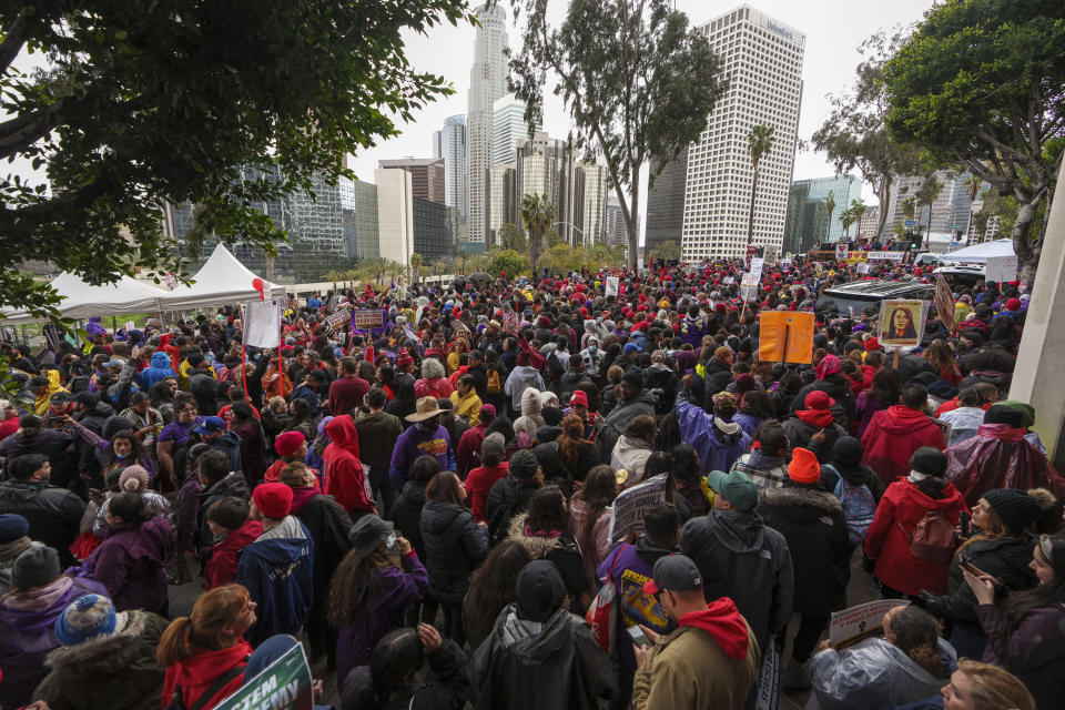 Thousands of Los Angeles Unified School District teachers and Service Employees International Union 99 members rally outside the LAUSD headquarters in Los Angeles Tuesday, March 21, 2023. Thousands of service workers backed by teachers began a three-day strike against the Los Angeles Unified School District on Tuesday, shutting down education for a half-million students in the nation's second-largest school system. (AP Photo/Damian Dovarganes)