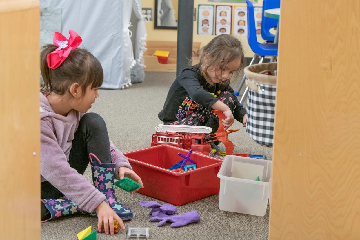 Lyanna Marino, left, and Luana Solona play with toys during their preschool class at Vineland Elementary School on Tuesday, Jan. 24, 2023.