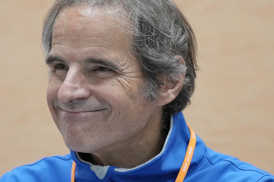 International Atomic Energy Agency Director General Rafael Mariano Grossi reacts as he listens to a question from a journalist after touring the Fukushima Daiichi nuclear power plant, operated by Tokyo Electric Power Company Holdings (TEPCO), in Futaba town, northeastern Japan, Wednesday, March 13, 2024. (AP Photo/Eugene Hoshiko)