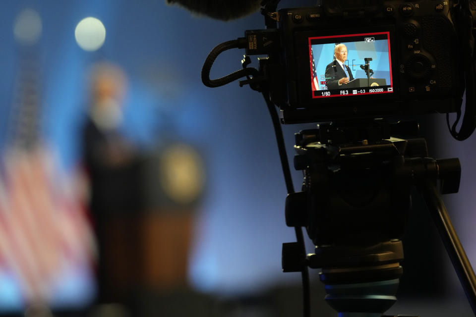 President Joe Biden, seen on a video camera screen, speaks at a news conference Thursday July 11, 2024, on the final day of the NATO summit in Washington. (AP Photo/Jacquelyn Martin)