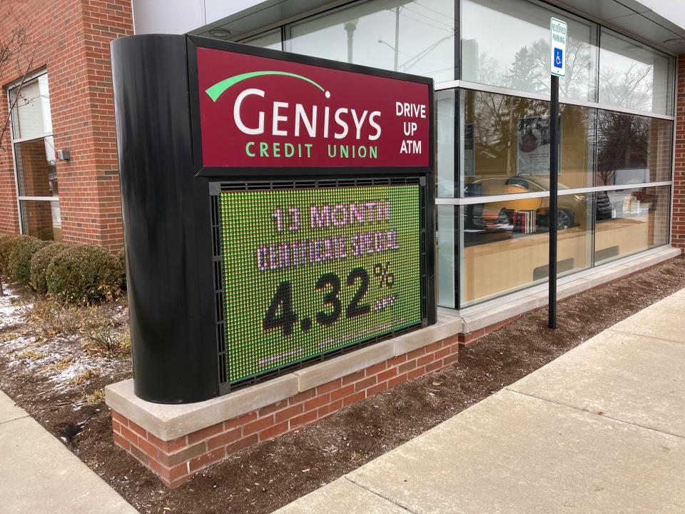 Savers are starting to see more promotions for higher-rate certificates of deposit, including an electronic sign at the Genisys Credit Union branch in Royal Oak on Dec. 19, 2022. The sign  highlights a 13-month certificate special with a yield of 4.32%