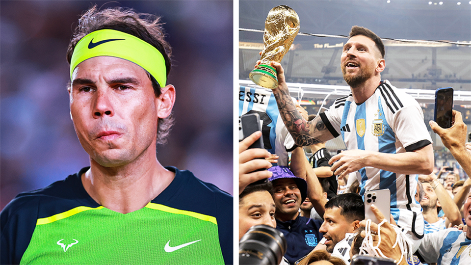 Rafa Nadal (pictured left) reacting during a tennis match and (pictured right) Lionel Messi holding the World Cup trophy.