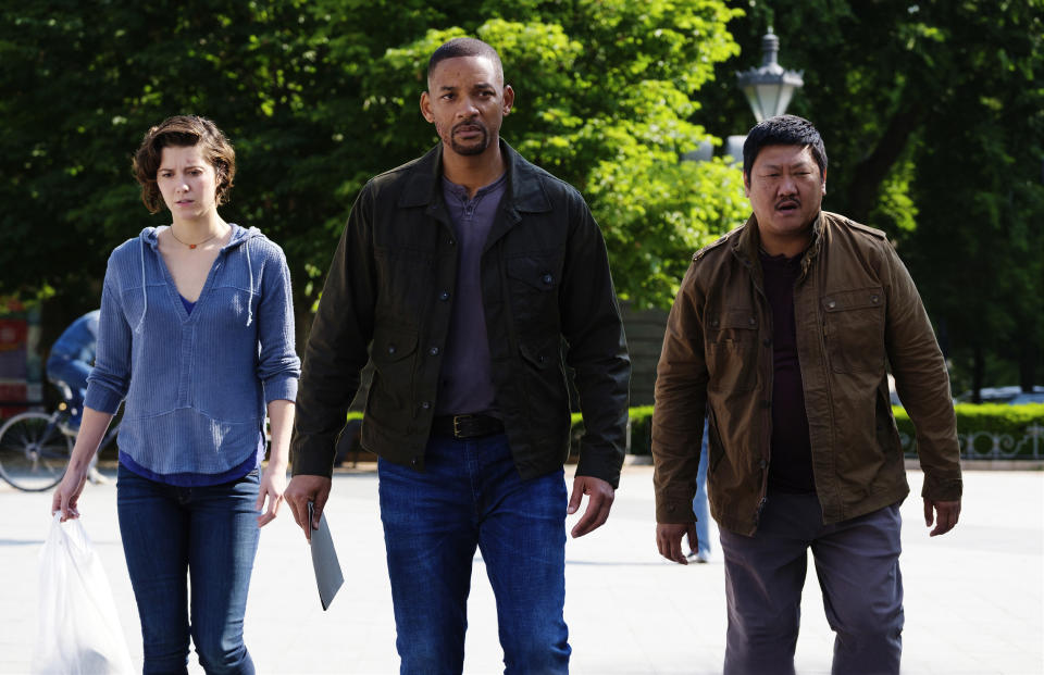 This image released by Paramount Pictures shows, from left, Mary Elizabeth Winstead, Will Smith and Benedict Wong in a scene from the Ang Lee film "Gemini Man." (Ben Rothstein/Paramount Pictures via AP)