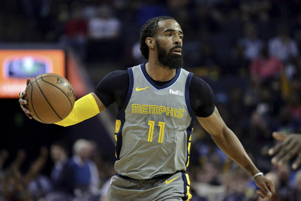 Memphis Grizzlies guard Mike Conley (11) plays in the first half of an NBA basketball game against the Minnesota Timberwolves Saturday, March 23, 2019, in Memphis, Tenn. (AP Photo/Brandon Dill)