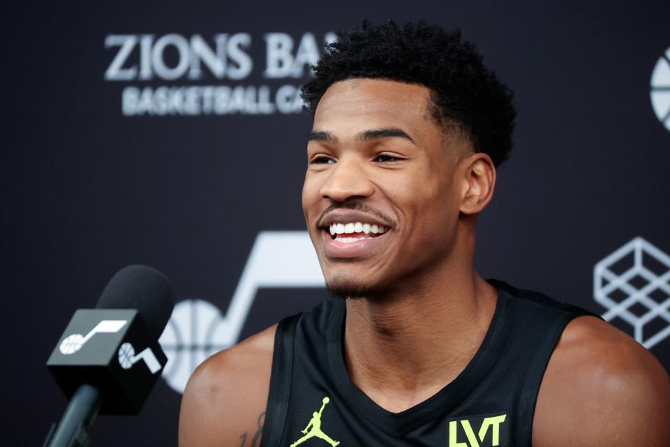 Forward Ochai Agbaji talks to members of the media during Utah Jazz media day at the Zions Bank Basketball Center in Salt Lake City on Monday, Oct. 2, 2023. | Kristin Murphy, Deseret News