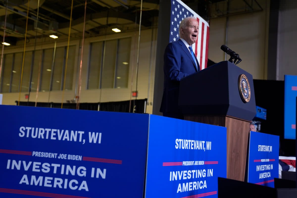 President Joe Biden delivers remarks on his "Investing in America agenda" at Gateway Technical College, Wednesday, May 8, 2024, in Sturtevant, Wis. (AP Photo/Evan Vucci) (AP)