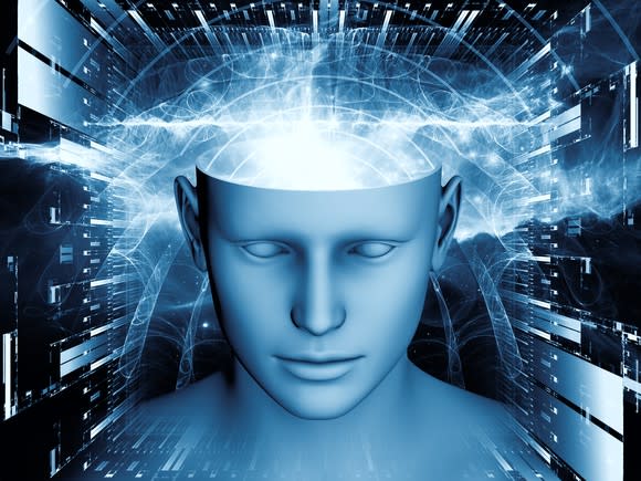 modernistic graphic illustration of man's head with top of it open and rays of light coming out from where brain would be