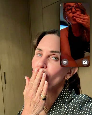 <p>Jennifer Aniston/Instagram</p> Jennifer Aniston posts a screenshot of a video call with Courteney Cox