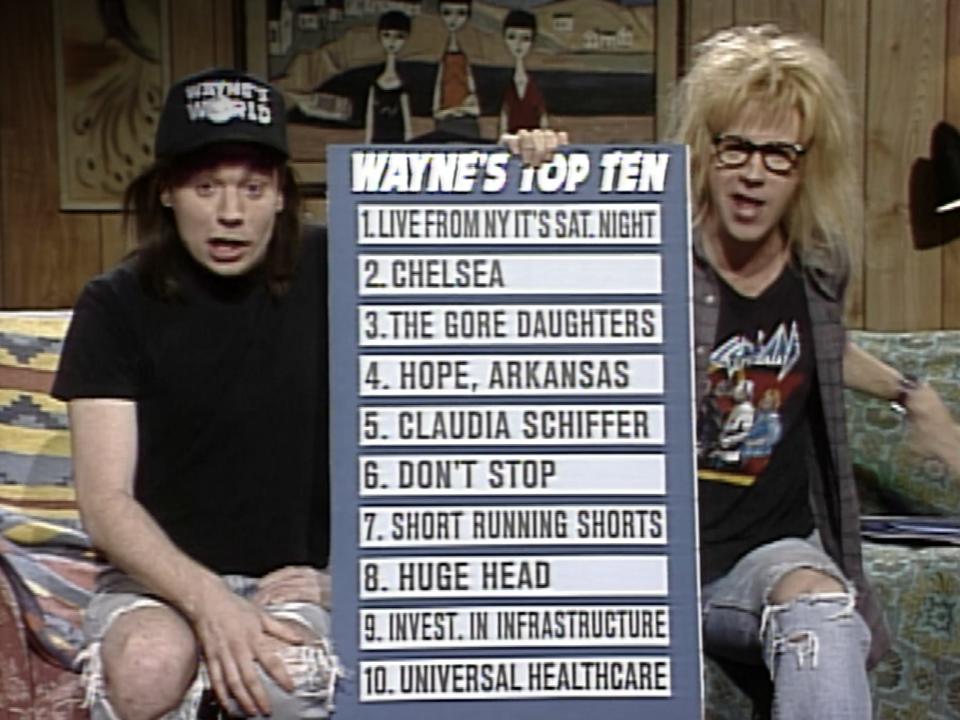 two men sitting on a couch, one wearing a black t-shirt and trucker hat, and one with frizzy blonde wig. they're holding a sign that says "wayne's top ten." number 2 reads "chelsea"