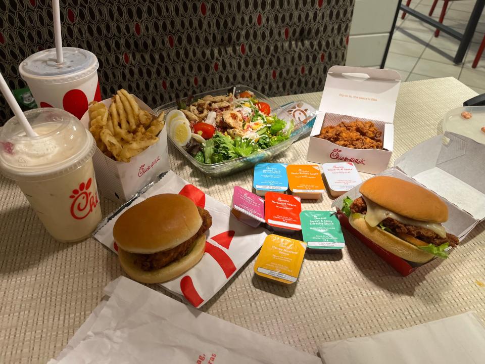 food from chick fil a laid out on a table at the fast food restaurant in toronto canada
