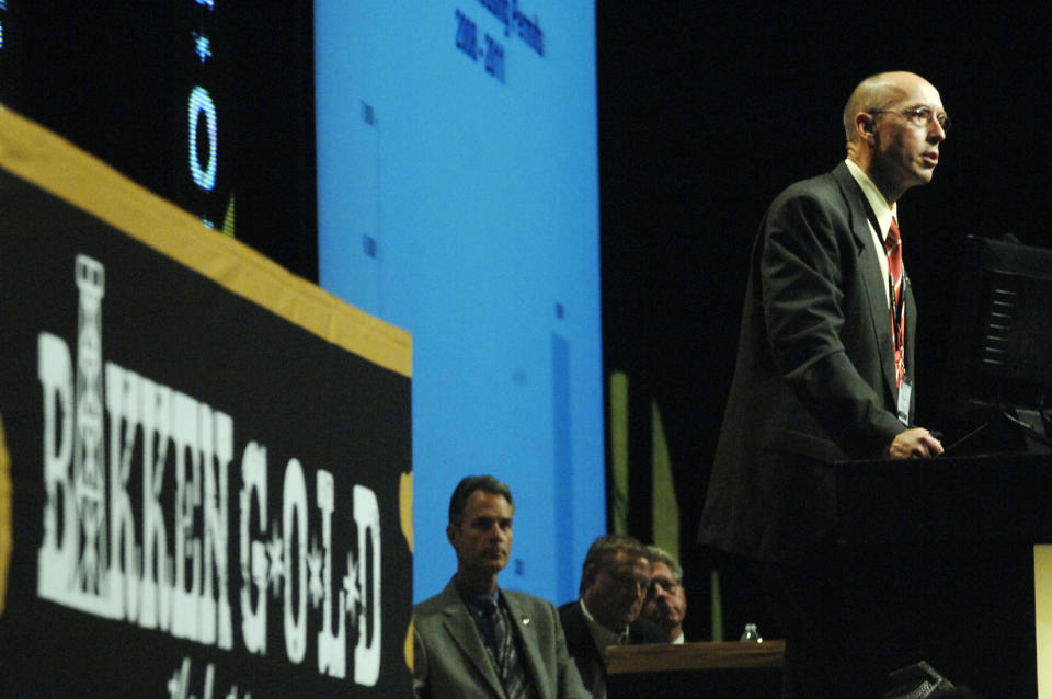 Al Anderson, commissioner of the North Dakota Chamber of Commerce, speaks at the opening day of the Williston Basin Petroleum Conference in Bismarck, N.D. Tuesday, May 22, 2012. (AP Photo/The Bismarck Tribune, Mike McCleary)