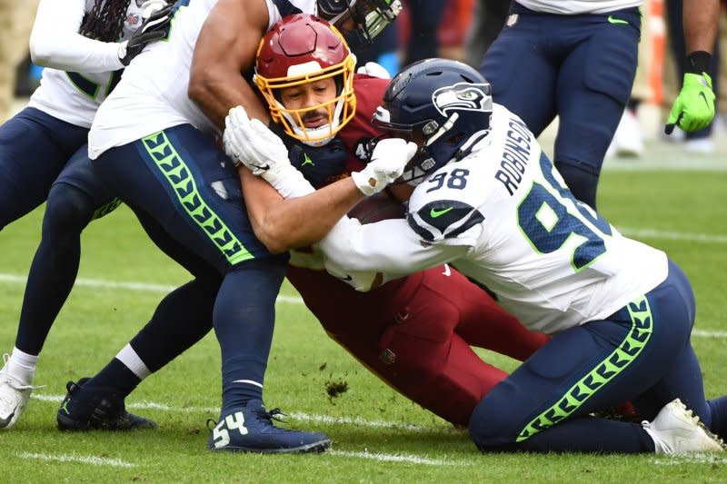 Washington Commanders tight end Logan Thomas (C) is a Top 10 fantasy football option for Week 9. File Photo by Kevin Dietsch/UPI