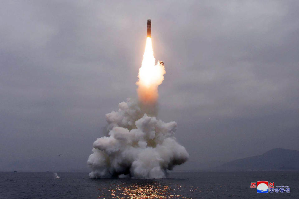 In this Wednesday, Oct. 2, 2019, photo provided Thursday, Oct. 3, 2019, by the North Korean government, an underwater-launched missile lifts off in the waters off North Korea's eastern coastal town of Wonsan. North Korea fired a ballistic missile from the sea on Wednesday, South Korea's military said, a suggestion that it may have tested an underwater-launched missile for the first time in three years ahead of a resumption of nuclear talks with the United States this weekend. The content of this image is as provided and cannot be independently verified. Korean language watermark on image as provided by source reads: "KCNA" which is the abbreviation for Korean Central News Agency. (Korean Central News Agency/Korea News Service via AP)