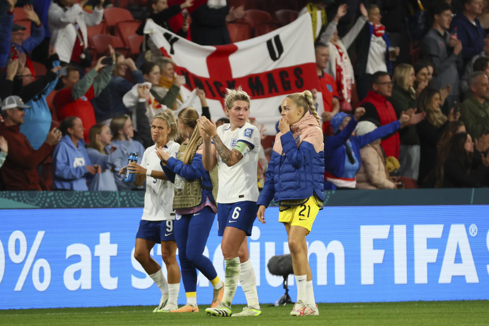 England's goalkeeper Ellie Roebuck, right, and England's Millie Bright react after the Women's World Cup Group D soccer match between England and Haiti in Brisbane, Australia, Saturday, July 22, 2023. England won the match 1-0. (AP Photo/Tertius Pickard)