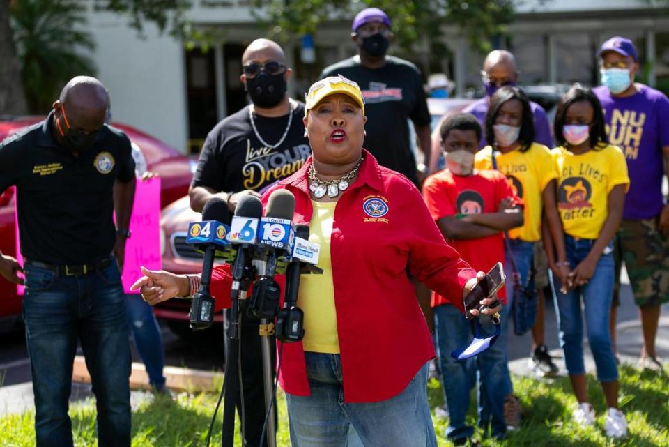 Pastor Kay Dawson speaks during a press conference outside a United States Postal Service office in Princeton, Florida on Saturday, October 31, 2020. The press conference was held to address reports that special agents with the U.S. Postal Service Office of Inspector General discovered backlogged election mail sitting inside the Princeton post office.