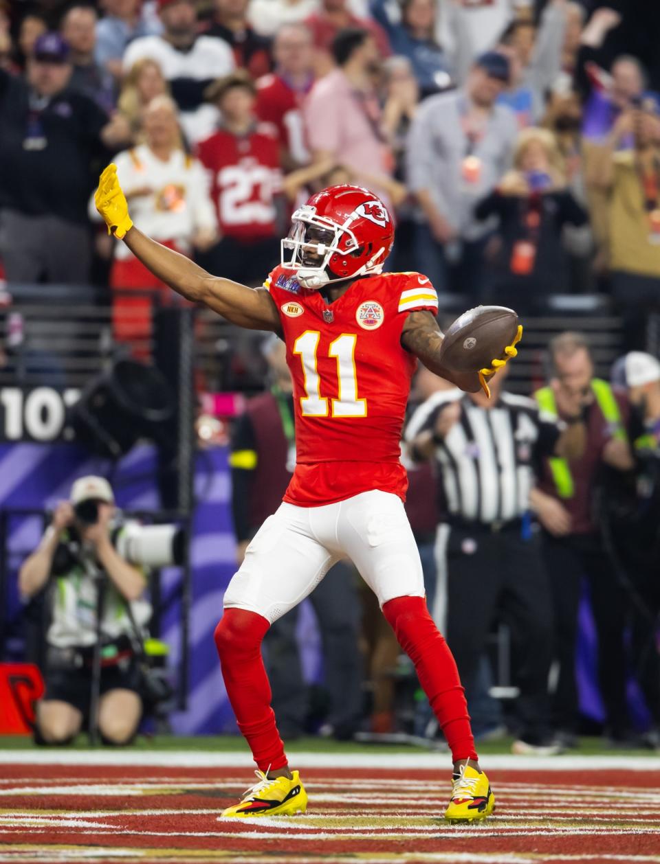 Feb 11, 2024; Paradise, Nevada, USA; Kansas City Chiefs wide receiver Marquez Valdes-Scantling (11) catches a touchdown pass against the San Francisco 49ers in the second half in Super Bowl LVIII at Allegiant Stadium. Mandatory Credit: Mark J. Rebilas-USA TODAY Sports