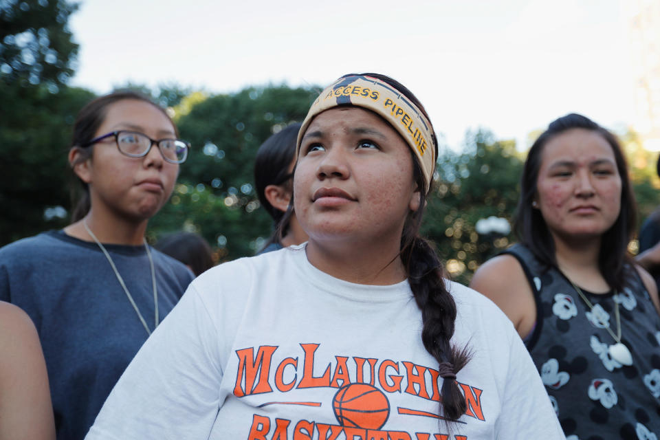 North Dakota Native American children participate in the Stop The Dakota Access Pipeline protest at Union Square on August 7, 2016 in New York City.