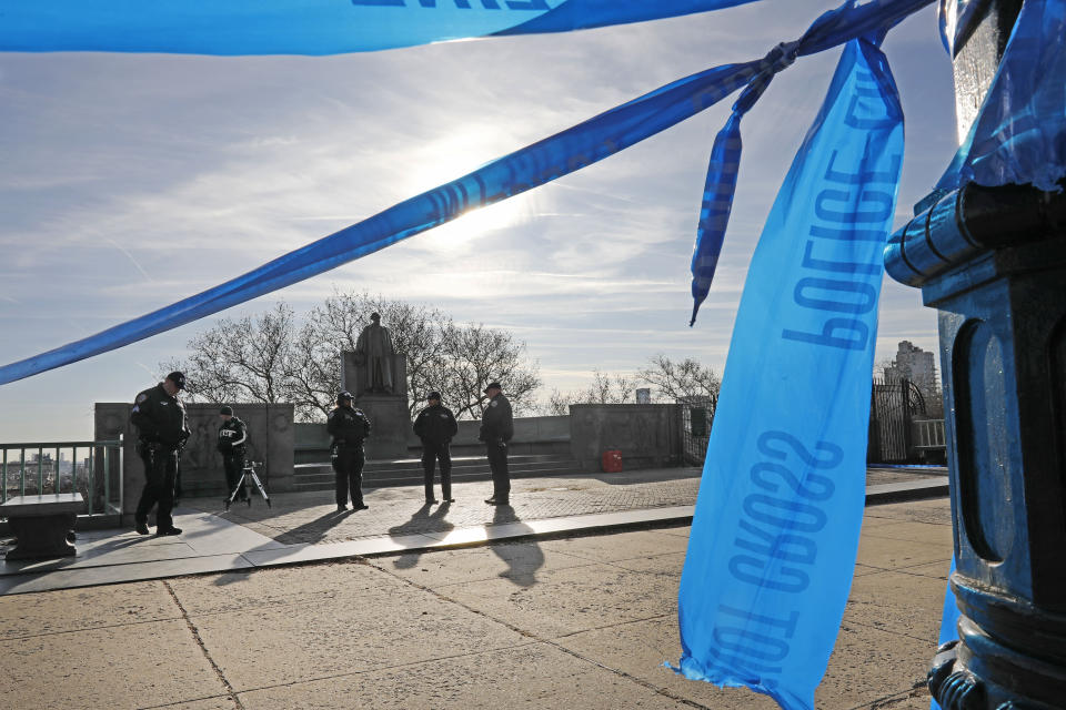 Police tape cordons off an entrance to Morningside Park along Manhattan's Upper West Side, Thursday, Dec. 12, 2019, in New York. An 18-year-old Barnard College freshman, identified as Tessa Majors, has been fatally stabbed during an armed robbery in the park, sending shock waves through the college and wider Columbia University community. (AP Photo/Richard Drew)