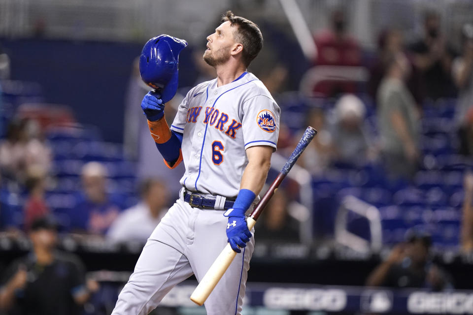 New York Mets' Jeff McNeil (6) reacts after he lined out to third base for the final out of the ninth inning of a baseball game against the Miami Marlins, Monday, Aug. 2, 2021, in Miami. (AP Photo/Lynne Sladky)