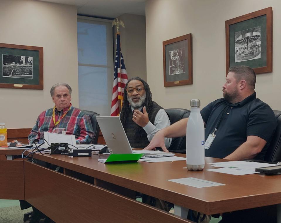 Erie County Councilman Andre Horton, center, addresses Project NePTWNE during a finance meeting on Feb. 16, 2023. From left are councilmembers Terry Scutella, Horton and Charlie Bayle. 