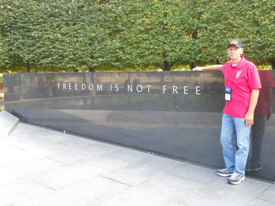 Joe Walsh of Newark stands at the Korean War Veterans Memorial in Washington, D.C., during the Honor Flight Columbus Mission 99 on Sept. 28, 2019. Walsh served in the Army signal corps in France during the Vietnam War.