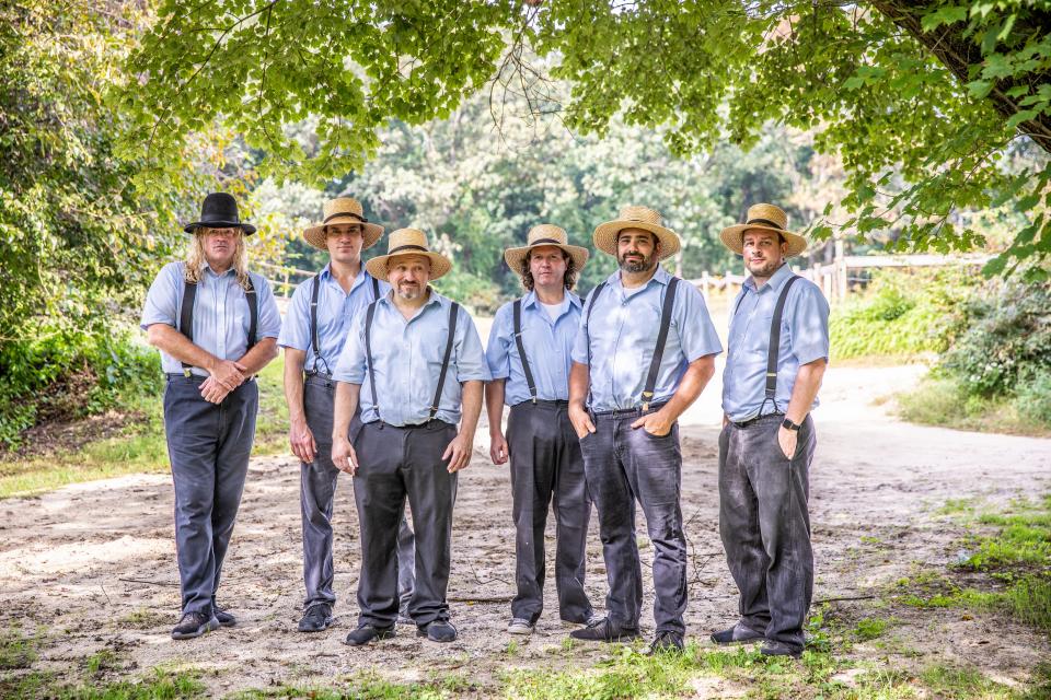 From left: the Amish Outlaws cover band features Big Daddy Abel, Eazy Ezekiel, Hezekiah X, Snoop Job, Jakob the Pipeplayer, Amos Def.