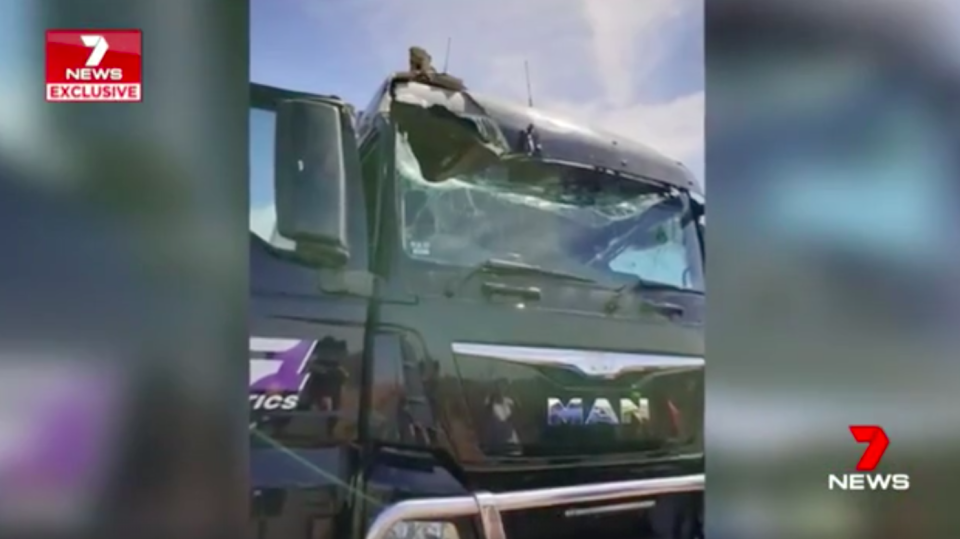 The tyre went straight through the truck’s windscreen. Source: 7News