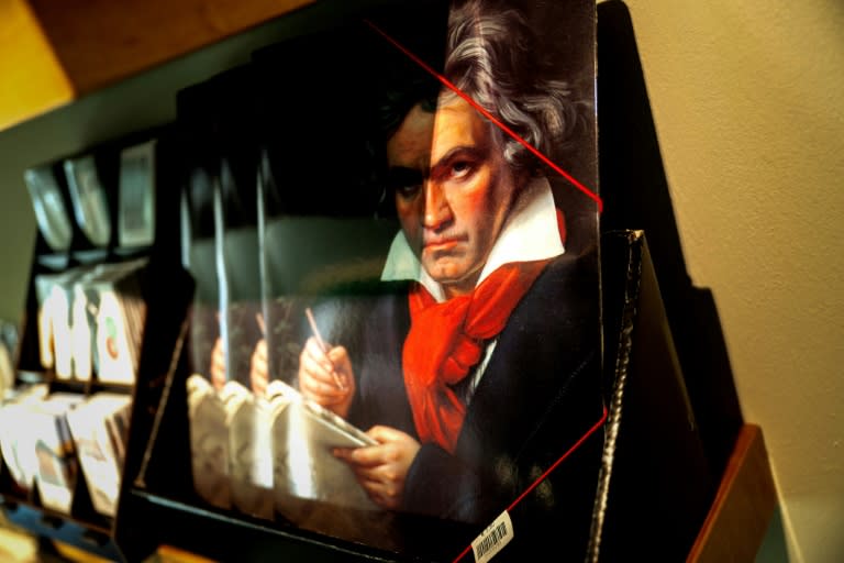 A picture of German composer Ludwig van Beethoven in the gift shop of the Beethoven House museum in Baden near Vienna where he spent his summers (Joe Klamar)