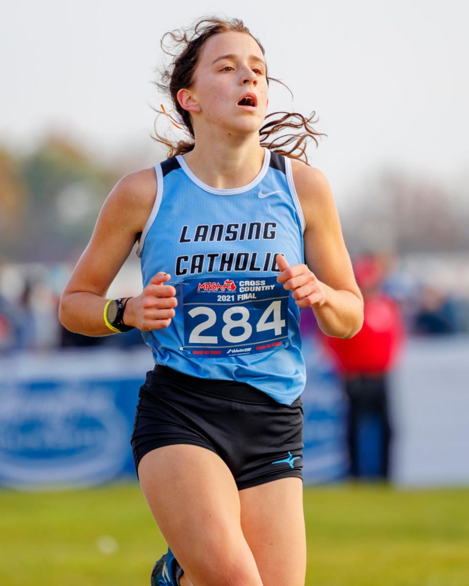 Lansing Catholic's CC Jones placed 18th with a time of 19:10.41 in the MHSAA Division 3 girls cross country championship Saturday, Nov. 6, 2021 at Michigan International Speedway. (TIMOTHY ARRICK)