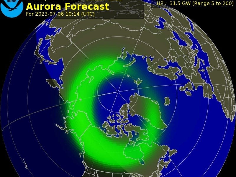 A snapshot of NOAA's aurora forecast shows where the aurora are predicted to be visible on Thursday July 6.