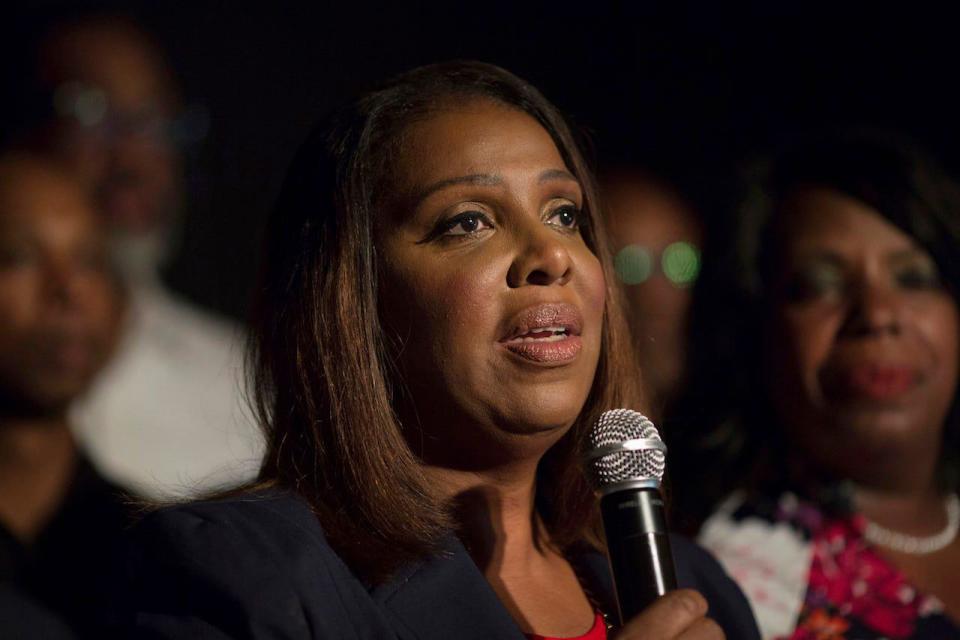 Letitia James delivers a victory speech after winning the primary election for attorney general Thursday, Sept. 13, 2018, in New York. (AP Photo/Kevin Hagen).