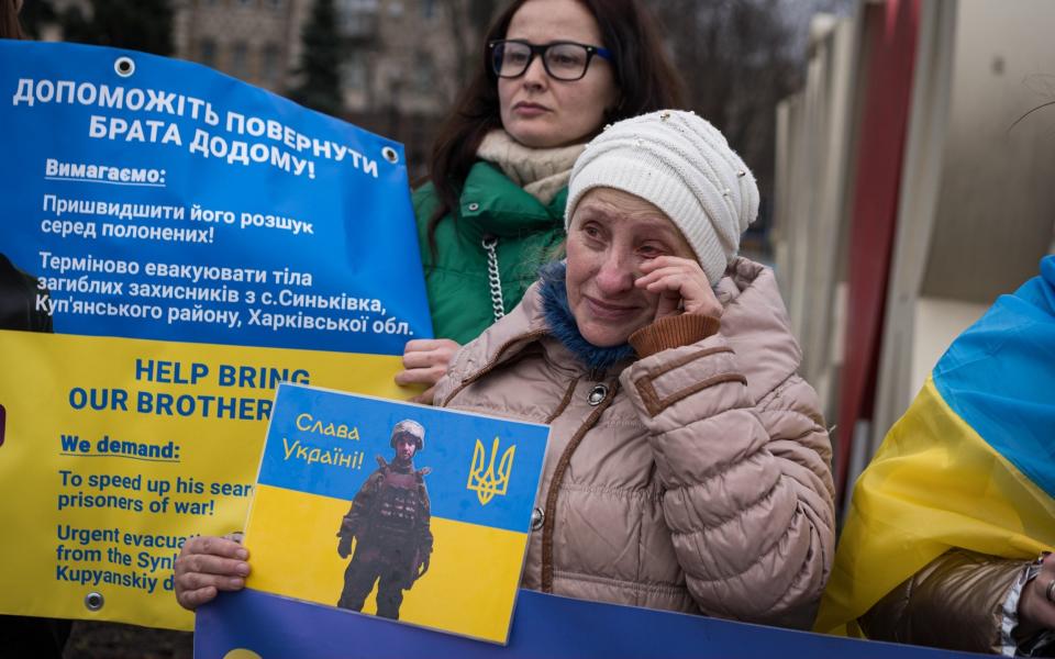 Relatives and friends of Ukrainian soldiers held captive by Russia protest to demand information about their situation at the Maidan Nezalezhnosti square on March 16, 2024 in Kyiv, Ukraine.