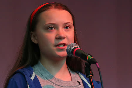 Swedish environmental activist Greta Thunberg speaks during the Extinction Rebellion protest at Marble Arch in London, Britain April 21, 2019. REUTERS/Hannah McKay