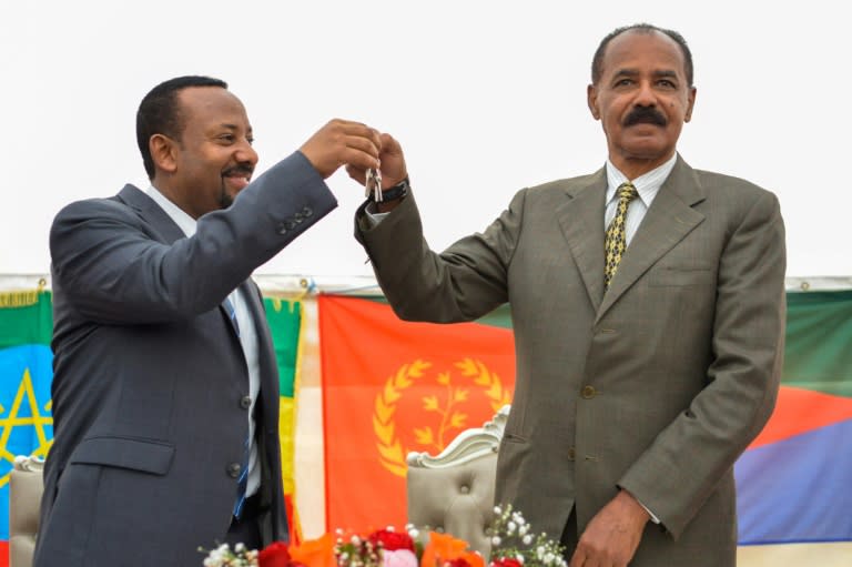 Time to celebrate: Ethiopian Prime Minister Abiy Ahmed, left, and Eritrean President Isaias Afwerki reopened the Eritrean embassy in Addis Ababa on July 16