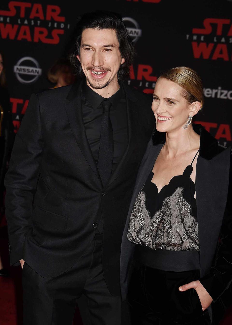 Actor Adam Driver (L) and Joanne Tucker attend the premiere of Disney Pictures and Lucasfilm's 'Star Wars: The Last Jedi' at The Shrine Auditorium on December 9, 2017 in Los Angeles, California