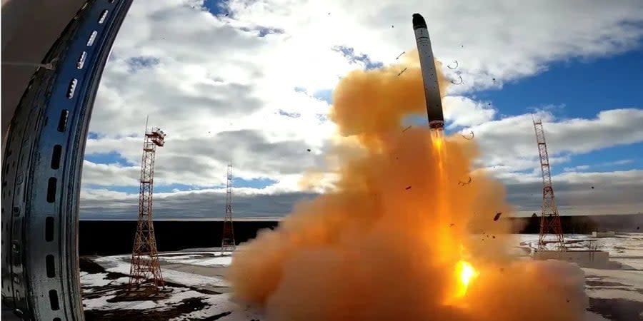 Test launch of intercontinental ballistic missile Sarmat. Arkhangelsk region, Russia, April 20, 2022