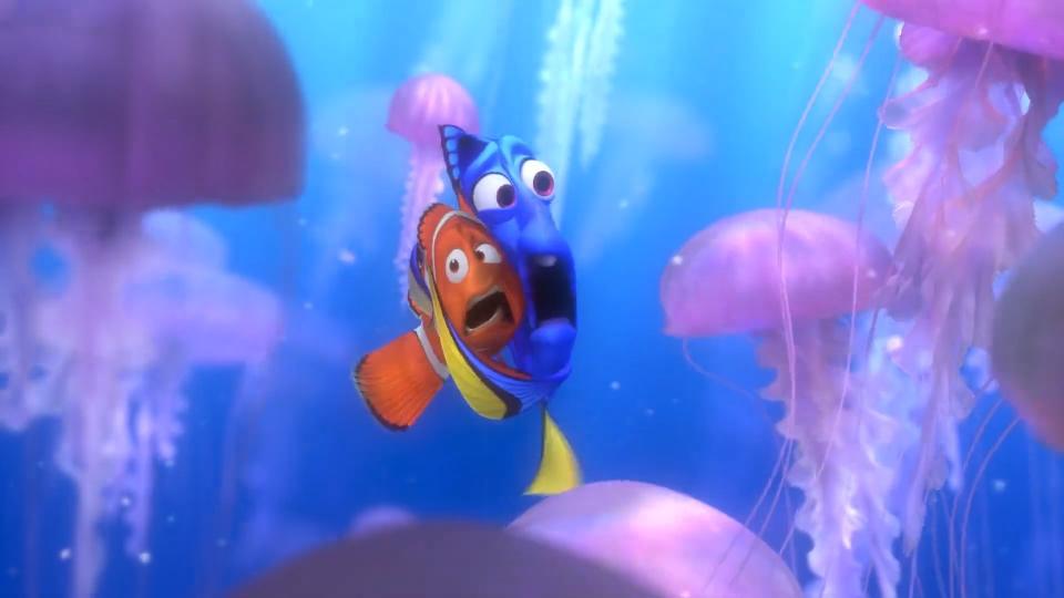 Marlin and Dory screaming in the jellyfish forest in "Finding Nemo"