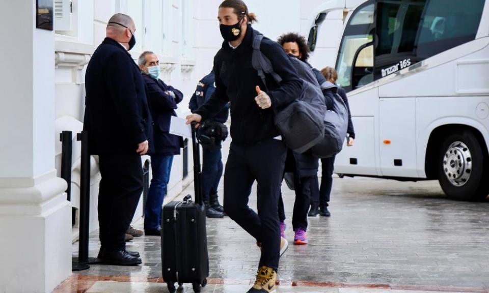 Sergio Ramos and teammates arrive at their hotel in Malaga, having been unable to fly back to the capital.