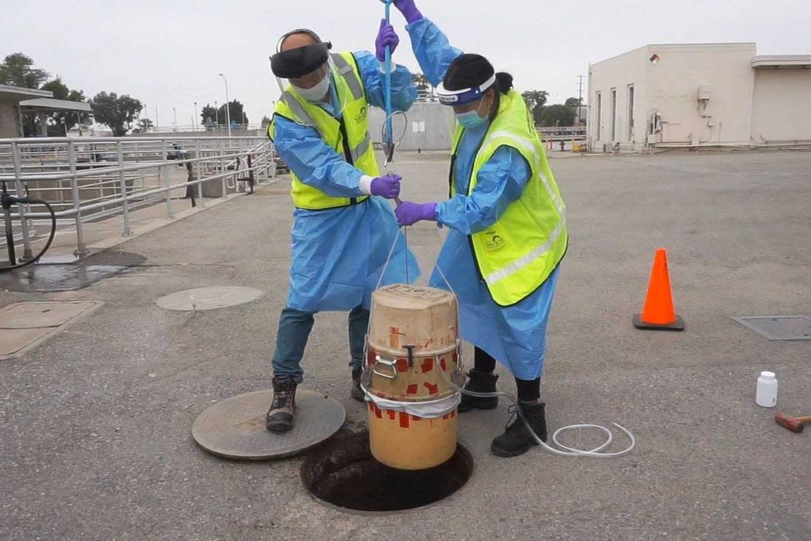 City of San Jose Environmental Services Departmentâs environmental inspectors Isaac Tam and Laila Mufty deploy an autosampler into a manhole at the San Jose-Santa Clara Regional Wastewater Facility. In some parts of California, COVID-19 is in sewage at record-high levels, indicating coronavirus cases may be as bad as in the original omicron surge.