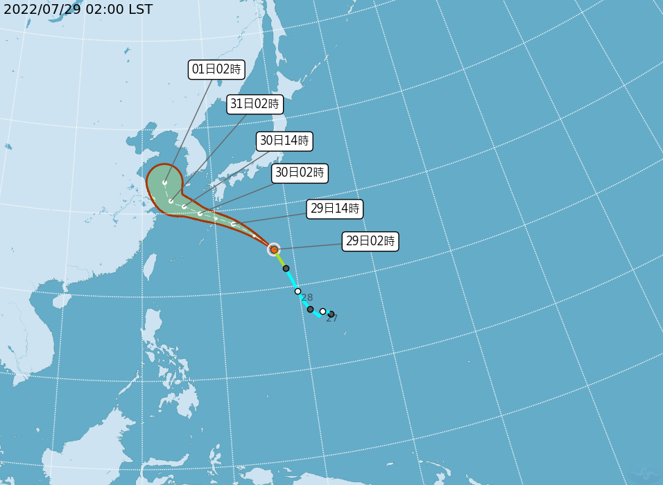 中央氣象局路徑預測圖顯示，桑達今天2時的中心位置，在台北東方1610公里海面上，以每小時36公里速度，向西北西前進，侵台機率大減。   圖：中央氣象局/提供