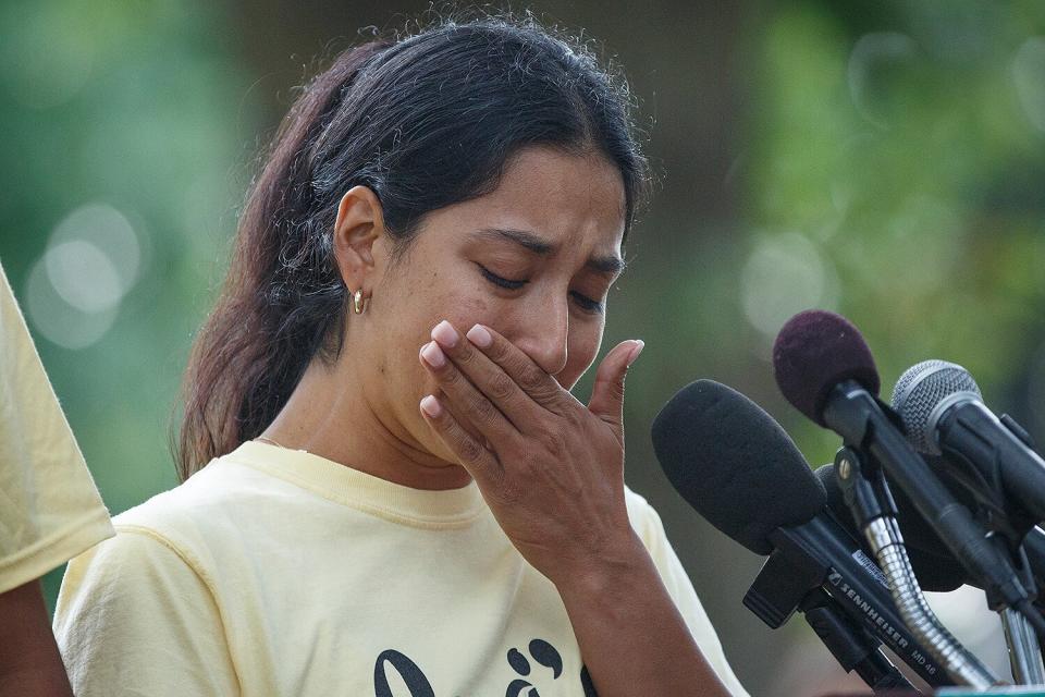 Kimberly Rubio, mother of 10-year-old Lexi Rubio, who was killed in the school shooting at Robb Elementary School in Uvalde, Texas, cries while speaking at a rally near the U.S. Capitol in Washington, D.C. on September 22, 2022 to urge the Senate to pass a federal ban on assault weapons.