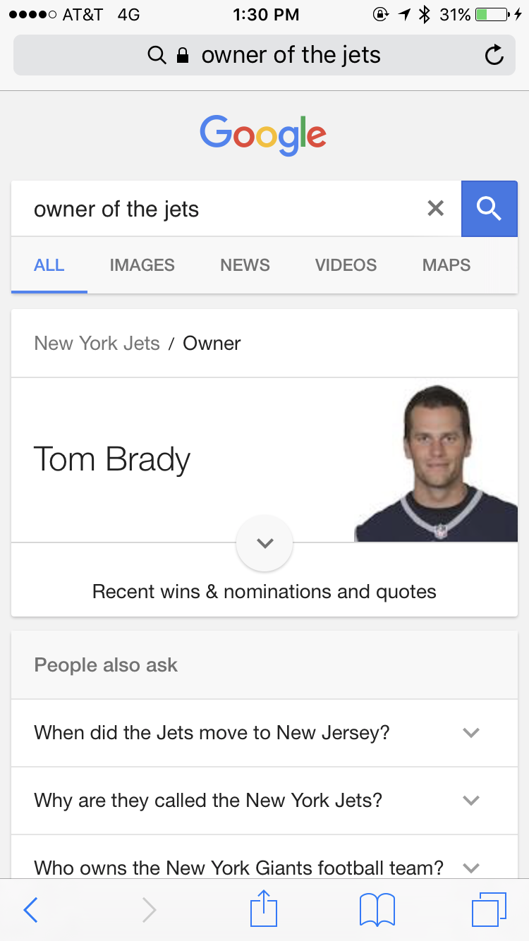 Someone at Google - or a hacker - had some fun at the Jets expense. (Screenshot)