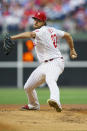 Philadelphia Phillies starting pitcher Aaron Nola delivers during the first inning of a baseball game against the New York Mets, Friday, Aug. 19, 2022, in Philadelphia. (AP Photo/Chris Szagola)