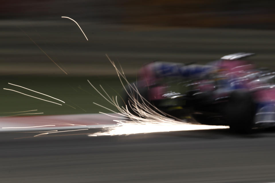 Racing Point driver Sergio Perez of Mexico steers his car during the second free practice at the Formula One Bahrain International Circuit in Sakhir, Bahrain, Friday, Nov. 27, 2020. (Hamad Mohammed, Pool via AP)