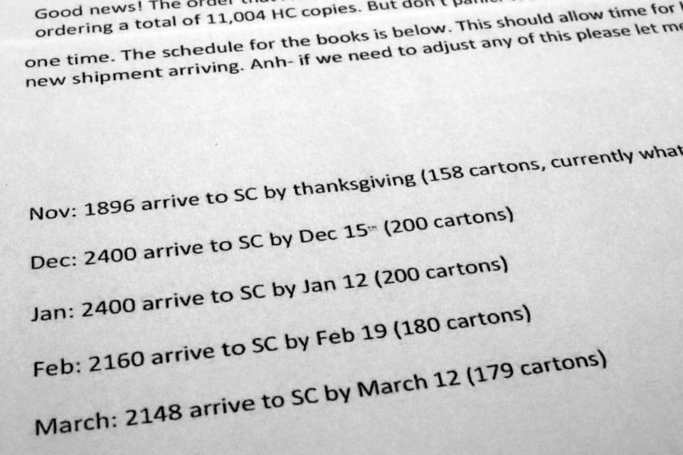An email from a representative at Penguin Random House details the arrival schedule of 11,004 hard cover copies of Supreme Court Justice Sonia Sotomayor's memoir, "My Beloved World," to the court for her signature before being shipped and distributed to incoming freshman at Michigan State University in 2018, is photographed on June 27, 2023. (AP Photo/Jon Elswick)