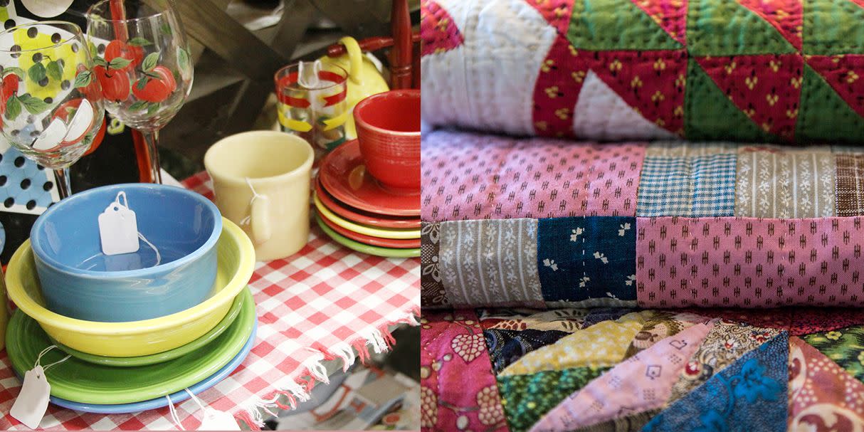 colorful fiestaware and quilts