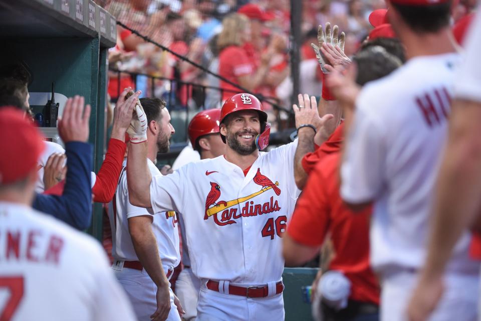 St. Louis Cardinals first baseman Paul Goldschmidt is congratulated after hitting a two-run home run against the Milwaukee Brewers in the first inning at Busch Stadium.