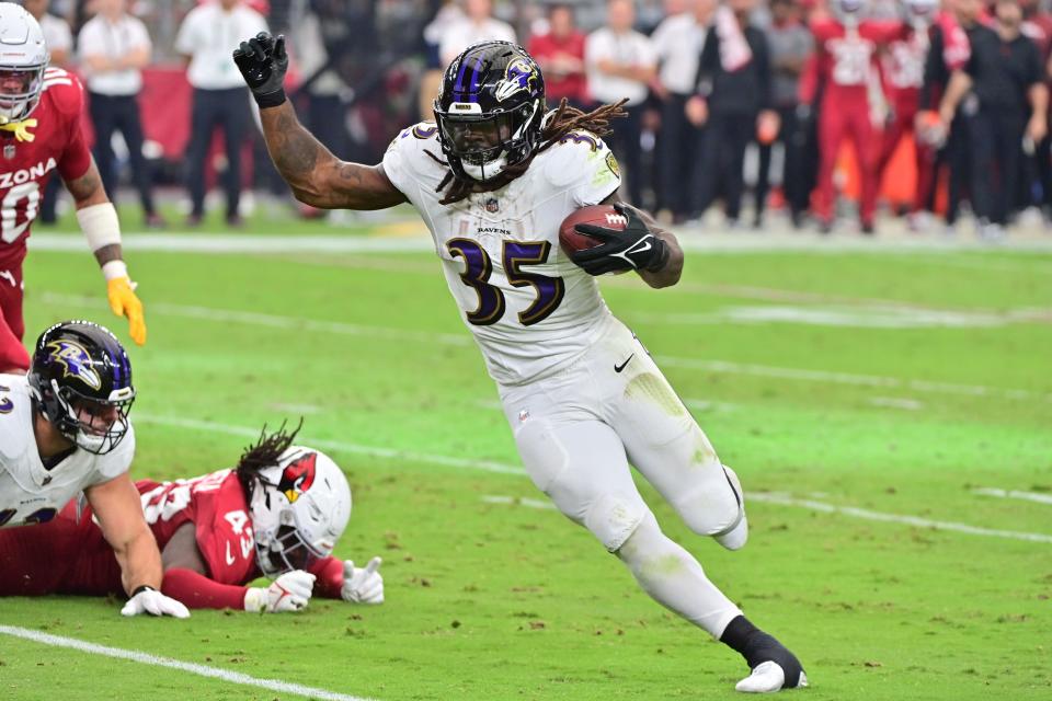 Ravens running back Gus Edwards (35) leads both teams in touchdowns and is third in the NFL in rushing touchdowns. Mandatory Credit: Matt Kartozian-USA TODAY Sports