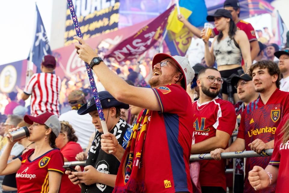 Real Salt Lake fans cheer on their team as they enter the field before the Real Salt Lake vs. Orlando City soccer match at the America First Field in Sandy on Saturday, July 8, 2023. RSL won the game 4-0. | Megan Nielsen, Deseret News